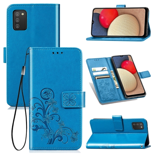 

For Samsung Galaxy A03s 166mm Four-leaf Clasp Embossed Leather Case with Lanyard & Card Slot & Wallet & Holder(Blue)