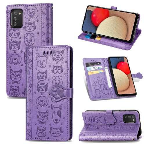 

For Samsung Galaxy A03s 166mm Cute Cat and Dog Embossed Horizontal Flip Leather Case with Holder & Card Slots & Wallet & Lanyard(Purple)