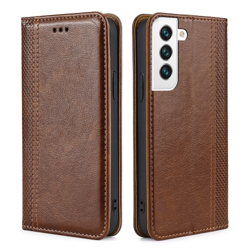 

For Samsung Galaxy S22+ 5G Grid Texture Magnetic PU + TPU Horizontal Flip Leather Case with Holder & Card Slot(Brown)