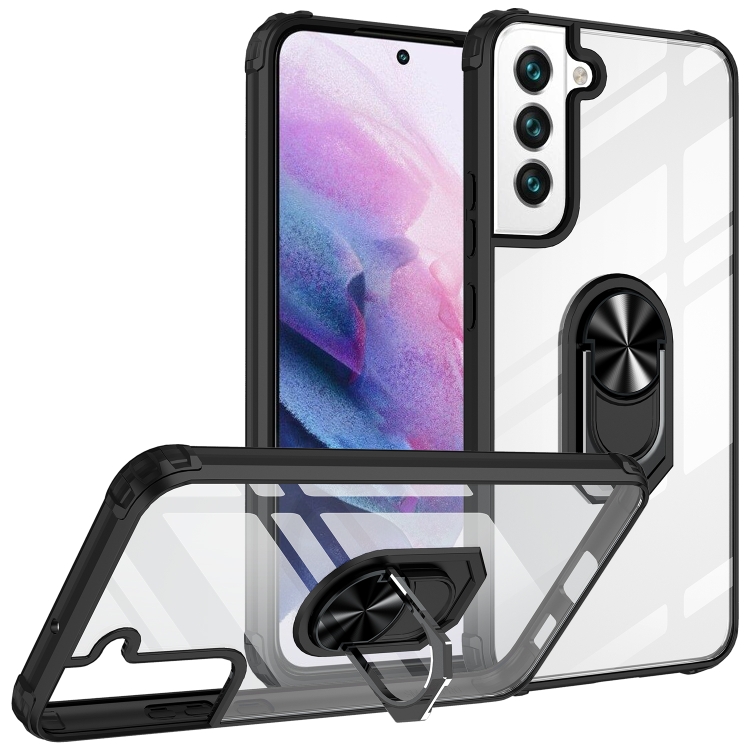 

For Samaung Galaxy S22+ 5G Shockproof Transparent TPU + Acrylic Protective Case with Ring Holder(Black)