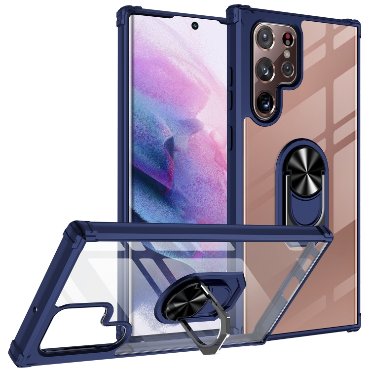 

For Samaung Galaxy S22 Ultra 5G Shockproof Transparent TPU + Acrylic Protective Case with Ring Holder(Blue)