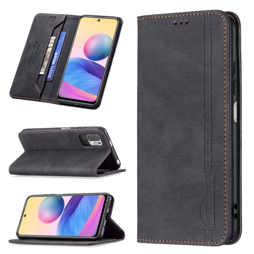 

For Xiaomi Poco M3 Pro/Redmi Note 10 5G/Note 10T 5G Magnetic RFID Blocking Anti-Theft Leather Case with Holder & Card Slots & Wallet(Black)