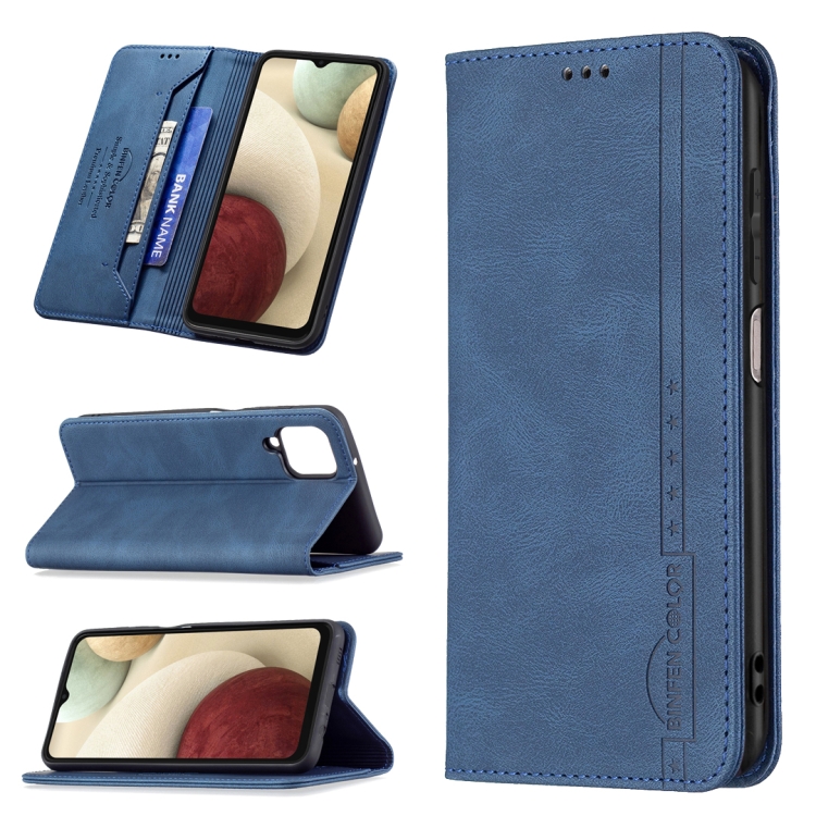 

For Samsung Galaxy A12 Magnetic RFID Blocking Anti-Theft Leather Case with Holder & Card Slots & Wallet(Blue)