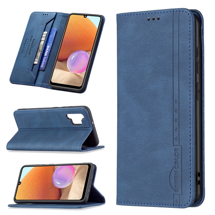 

For Samsung Galaxy A32 4G Magnetic RFID Blocking Anti-Theft Leather Case with Holder & Card Slots & Wallet(Blue)