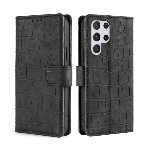 

For Samsung Galaxy S22 Ultra 5G Skin Feel Crocodile Texture Magnetic Clasp Horizontal Flip PU Case with Holder & Card Slots & Wallet(Black)