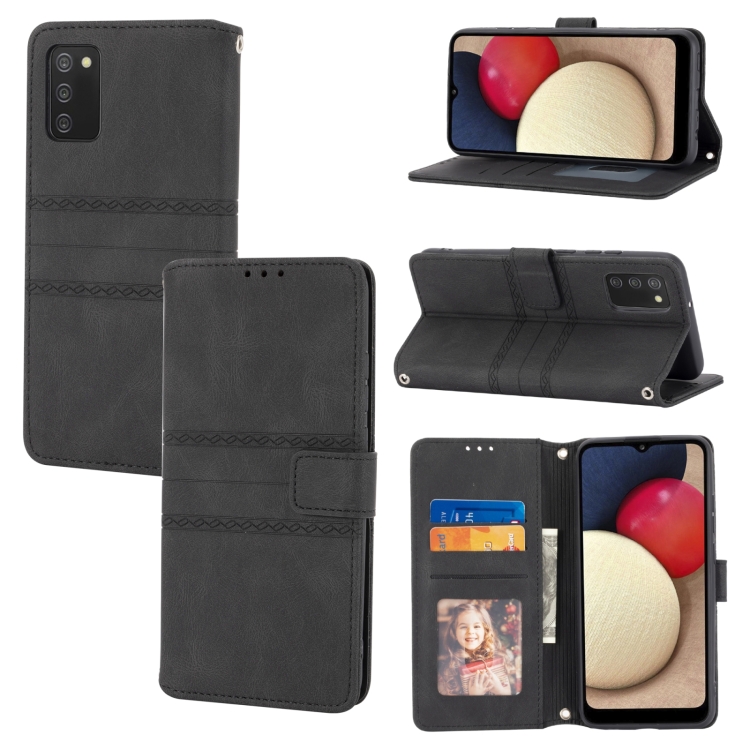 

For Samsung Galaxy A02s 166mm Embossed Striped Magnetic Buckle PU + TPU Horizontal Flip Leather Case(Black)