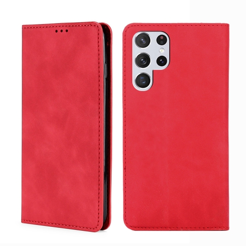 

For Samaung Galaxy S22 Ultra 5G Skin Feel Magnetic Horizontal Flip Leather Case with Holder & Card Slots(Red)