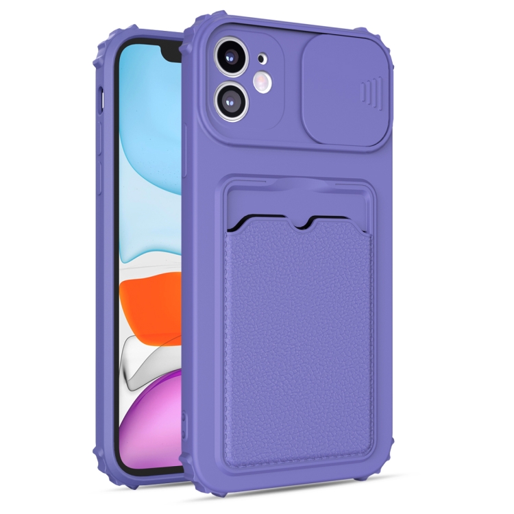 

Sliding Camera Cover Design TPU Shockproof Case with Card Slot For iPhone 13 mini(Purple)