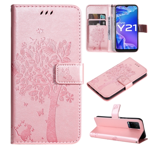 

For vivo Y21/Y21s/Y33s Tree & Cat Embossing Pattern Horizontal Flip PU Leather Case with Holder & Card Slots & Wallet & Lanyard(Rose Gold)