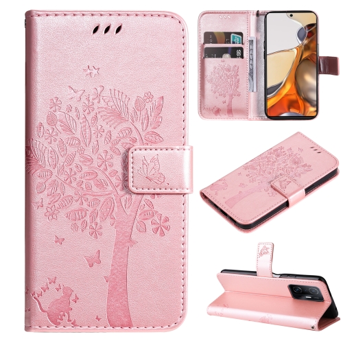 

For Xiaomi 11T / 11T Pro Tree & Cat Embossing Pattern Horizontal Flip PU Leather Case with Holder & Card Slots & Wallet & Lanyard(Rose Gold)
