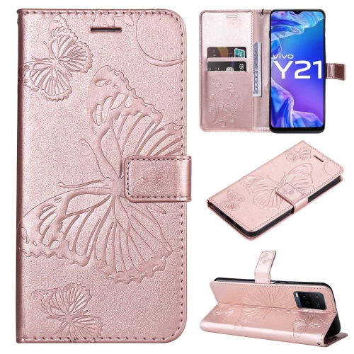 

For vivo Y21 2021 / Y21s / Y33s Pressed Printing Butterfly Pattern Horizontal Flip PU Leather Case with Holder & Card Slots & Wallet & Lanyard(Rose Gold)