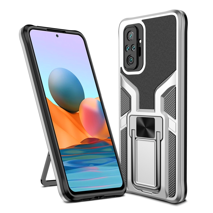 

For Xiaomi Redmi Note 10 Pro Armor 2 in 1 PC + TPU Magnetic Shockproof Case with Foldable Holder(Silver)