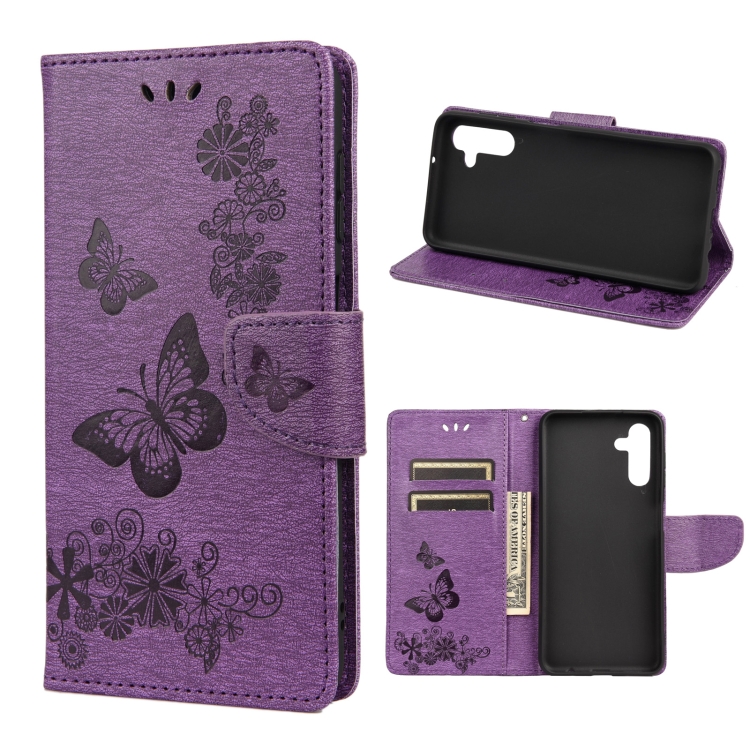 

For Samsung Galaxy A13 5G Butterfly Embossed Horizontal Flip Leather Phone Case with Card Slot & Holder(Purple)