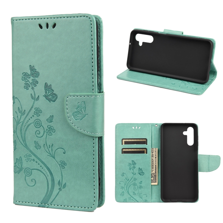 

For Samsung Galaxy A13 5G Butterfly Flower Pattern Horizontal Flip Leather Phone Case with Card Slot & Holder(Green)