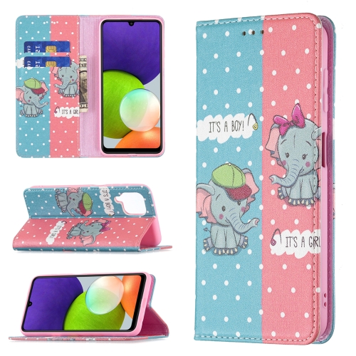 

For Samsung Galaxy A22 4G Colored Drawing Pattern Invisible Magnetic Horizontal Flip Leather Phone Case with Holder & Card Slots & Wallet(Elephant)