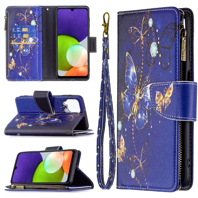 

For Samsung Galaxy A22 4G Colored Drawing Pattern Zipper Horizontal Flip Leather Phone Case with Holder & Card Slots & Wallet(Purple Butterfly)