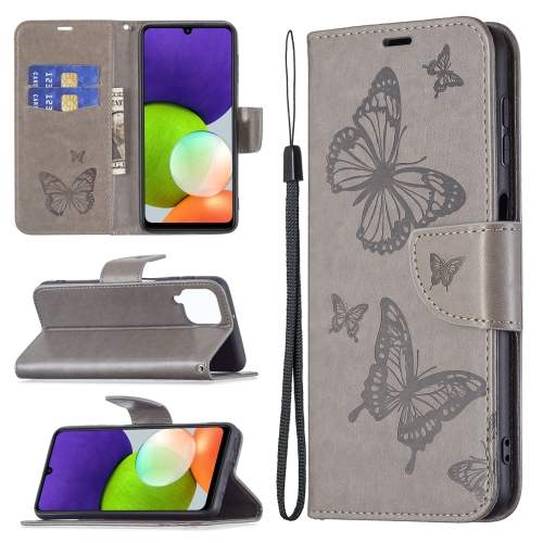 

For Samsung Galaxy A22 4G Embossing Two Butterflies Pattern Horizontal Flip Leather Phone Case with Holder & Card Slot & Wallet & Lanyard(Grey)