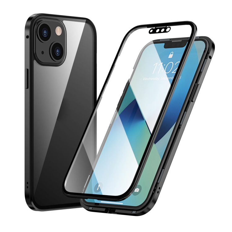 

For iPhone 13 mini HD Magnetic Metal Frame Double-sided Tempered Glass Phone Case (Black)