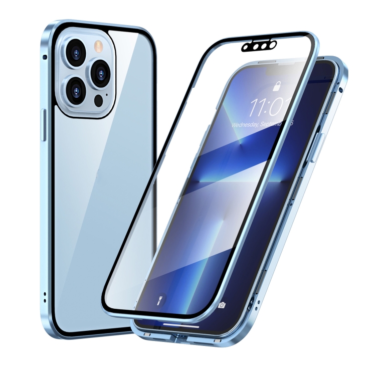 

HD Magnetic Metal Frame Double-sided Tempered Glass Phone Case For iPhone 13 Pro(Sierra Blue)