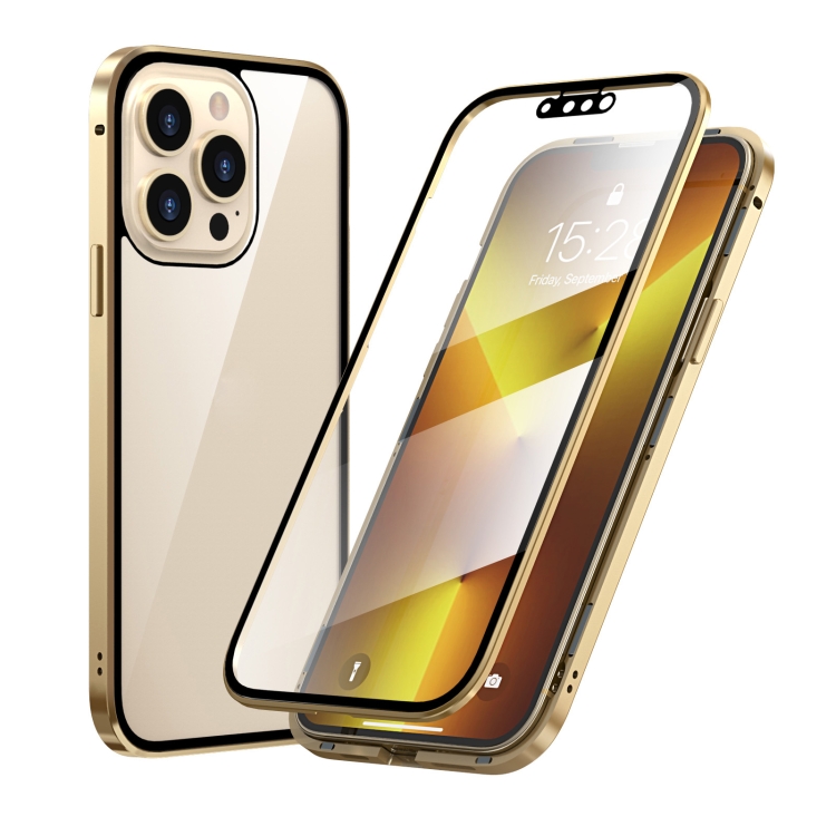 

HD Magnetic Metal Frame Double-sided Tempered Glass Phone Case For iPhone 13 Pro Max(Gold)