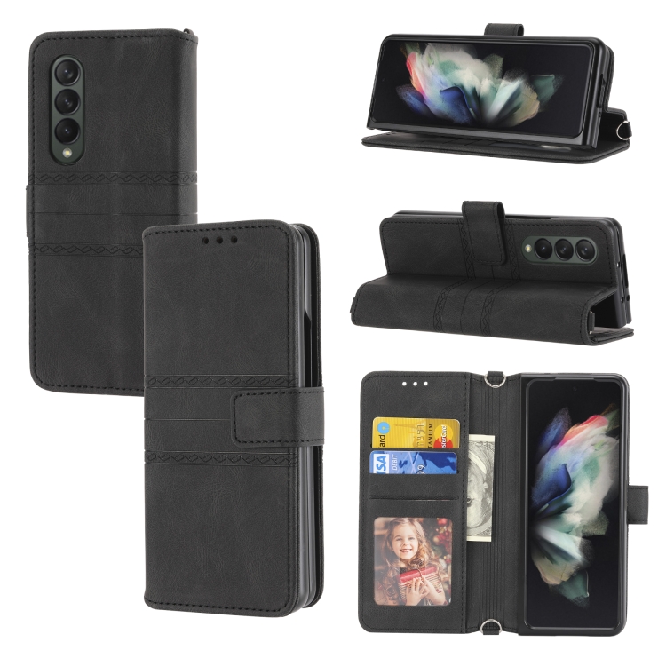 

For Samsung Galaxy Z Fold3 5G Embossed Striped Magnetic Buckle PU + TPU Horizontal Flip Phone Leather Case(Black)