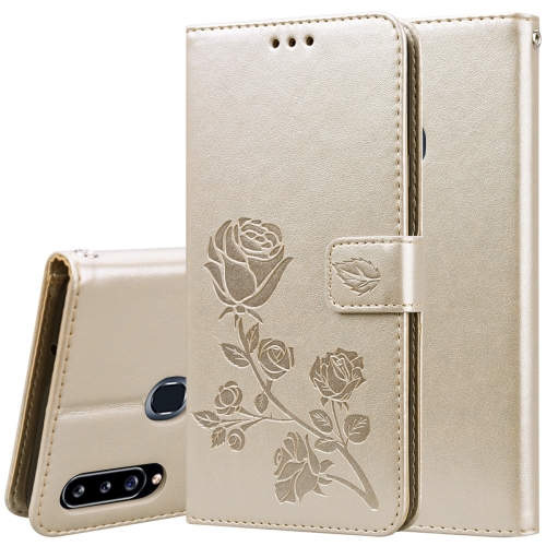 

For Galaxy A20s Rose Embossed Horizontal Flip PU Leather Case, with Holder & Card Slots & Wallet(Gold)