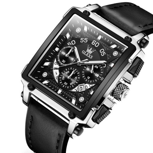 

OLEVS 9919 Square Dial Chronograph Luminous Quartz Watch for Men(Black Leather Silver Shell Black Surface)