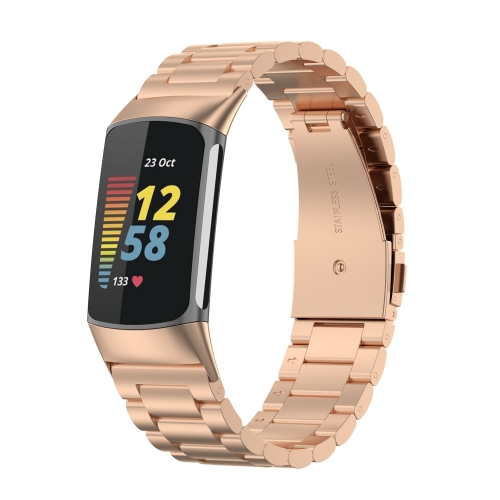 

For Fitbit Charge 5 Three-bead Stainless Steel Watch Band(Rose Gold)