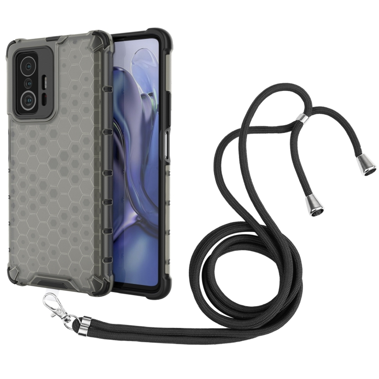 

For Xiaomi Mi 11T / 11T Pro Shockproof Honeycomb PC + TPU Case with Neck Lanyard(Black)
