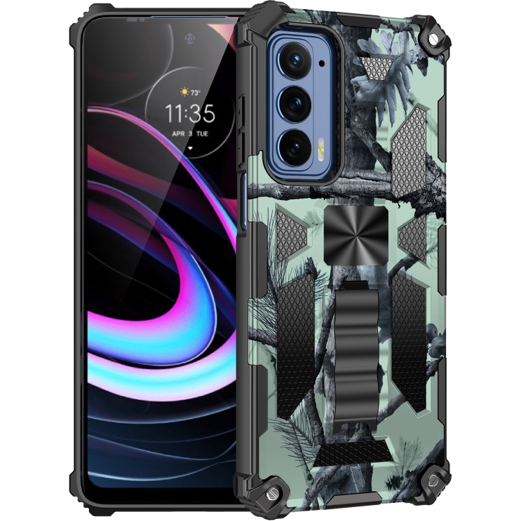 

For Motorola Edge (2021) Camouflage Armor Shockproof TPU + PC Magnetic Protective Phone Case with Holder(Mint Green)