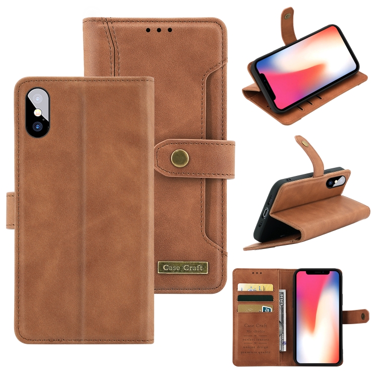 

Copper Buckle Horizontal Flip Leather Phone Case with Holder & Card Slots & Wallet For iPhone X / XS(Brown)