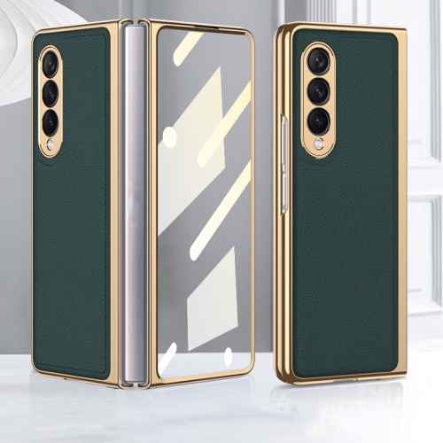 

For Samsung Galaxy Z Fold3 5G GKK Foldable Plating Leather + Glass Full Coverage Case(Emerald)