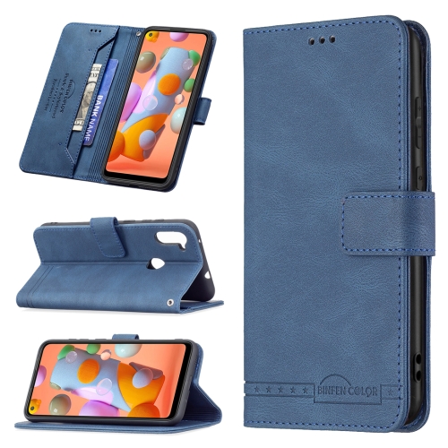 

For Samsung Galaxy A11 Magnetic Clasp RFID Blocking Anti-Theft Leather Case with Holder & Card Slots & Wallet(Blue)