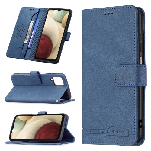 

For Samsung Galaxy A12 Magnetic Clasp RFID Blocking Anti-Theft Leather Case with Holder & Card Slots & Wallet(Blue)