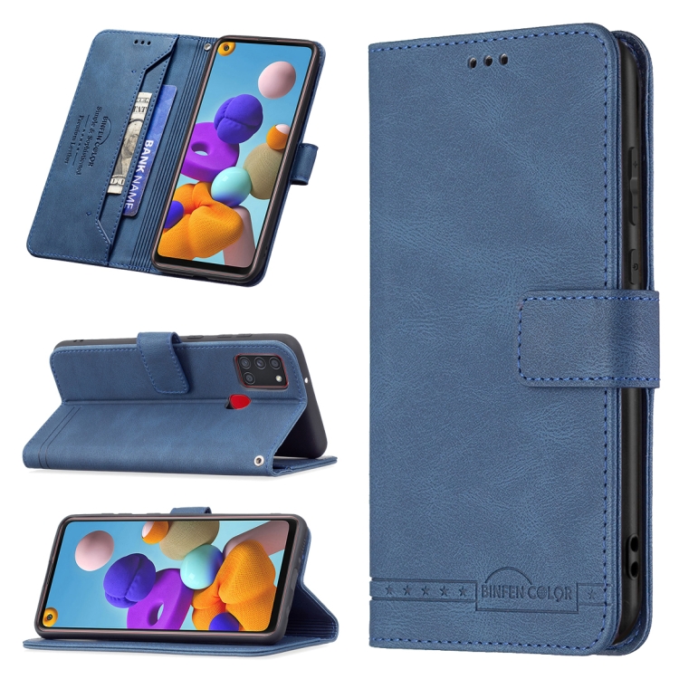 

For Samsung Galaxy A21s Magnetic Clasp RFID Blocking Anti-Theft Leather Case with Holder & Card Slots & Wallet(Blue)