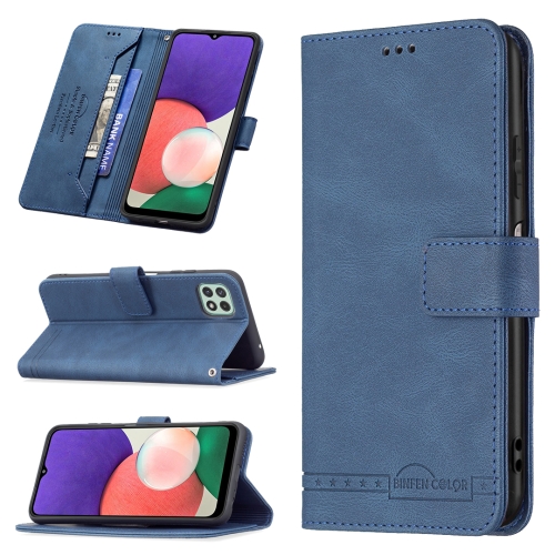 

For Samsung Galaxy A22 5G Magnetic Clasp RFID Blocking Anti-Theft Leather Case with Holder & Card Slots & Wallet(Blue)