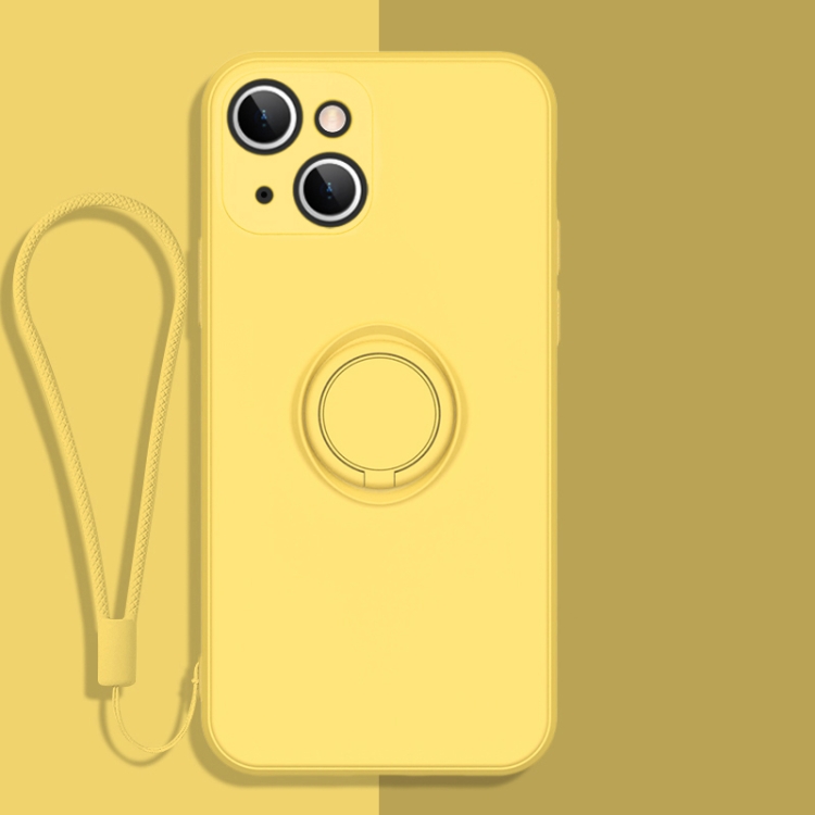 

All-inclusive Liquid Silicone Phone Protective Case with Ring Holder & Lanyard For iPhone 13(Lemon Yellow)