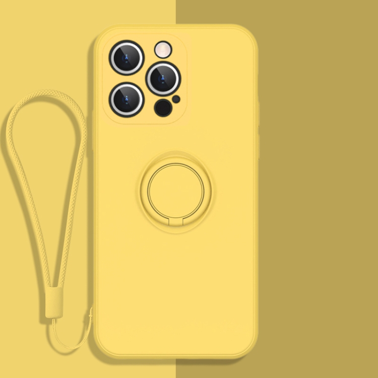 

All-inclusive Liquid Silicone Phone Protective Case with Ring Holder & Lanyard For iPhone 13 Pro(Lemon Yellow)