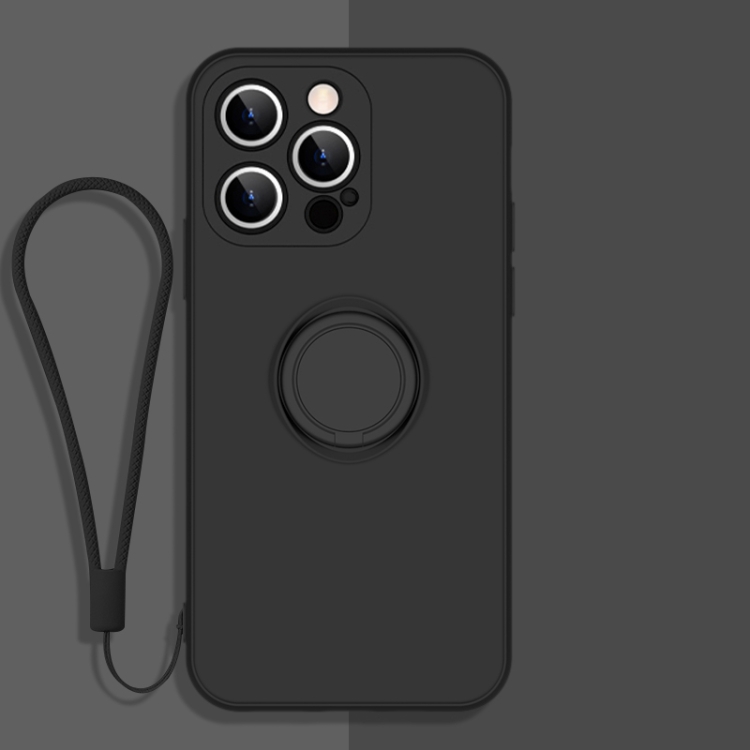

For iPhone 13 Pro Max All-inclusive Liquid Silicone Phone Protective Case with Ring Holder & Lanyard (Black)