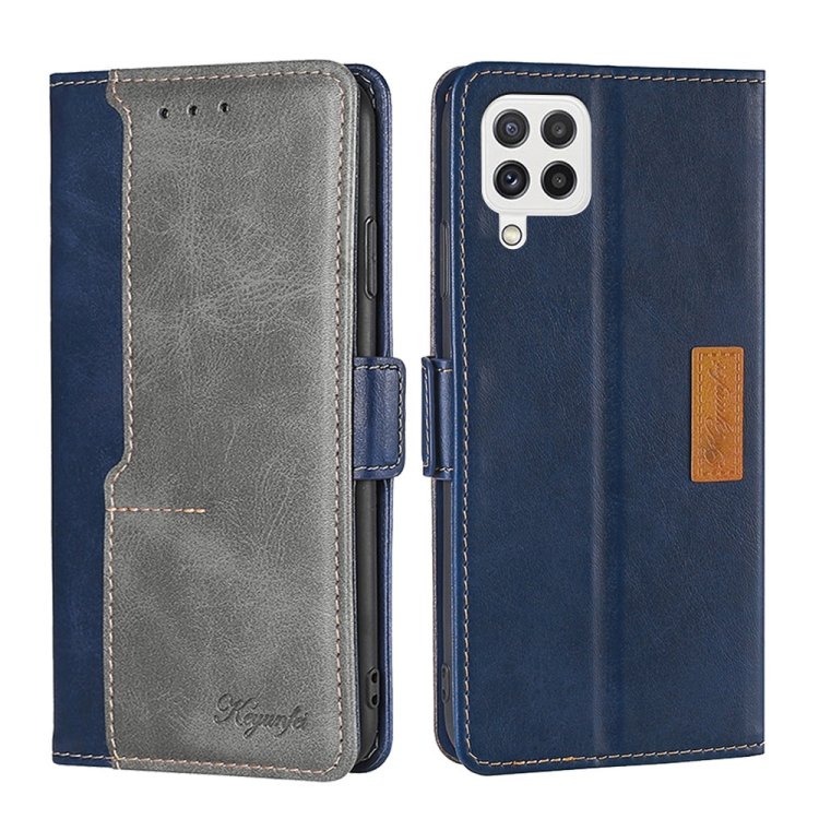 

For Samsung Galaxy A22 4G Retro Texture Contrast Color Buckle Horizontal Flip Leather Case with Holder(Blue+Grey)
