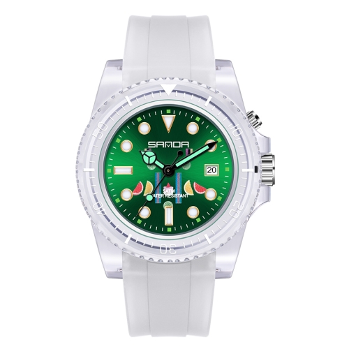 

SANDA 6078 Fluorescent Calendar Dial Transparent Strap Quartz Watch for Women(Transparent White Belt Green Surface)