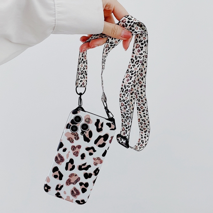 

Cat Ear Leopard Print TPU Straight Edge Phone Case with Lanyard For iPhone 13 Pro(White)