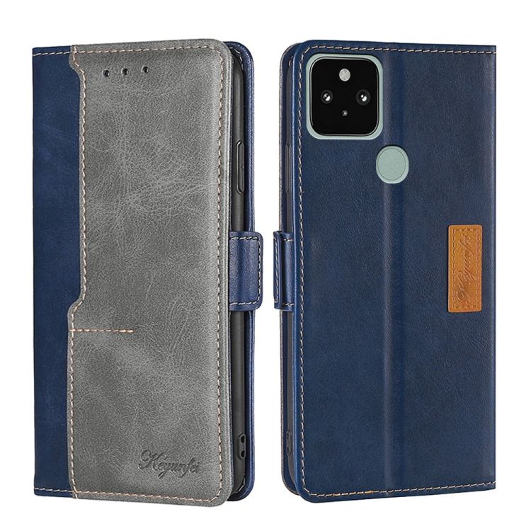 

For Google Pixel 5 Retro Texture Contrast Color Buckle Horizontal Flip Leather Phone Case with Holder(Blue+Grey)
