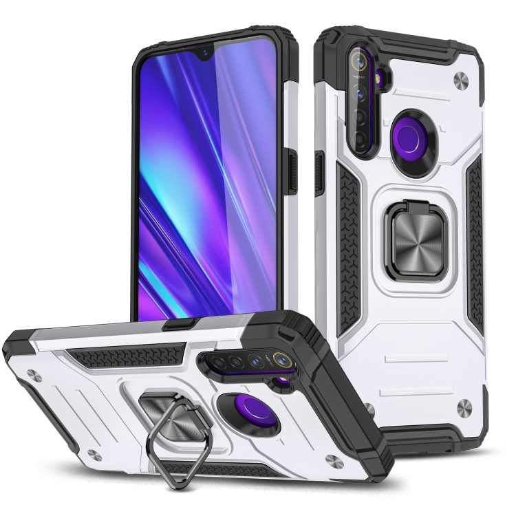

For OPPO Realme 5 Magnetic Armor Shockproof TPU + PC Phone Case with Metal Ring Holder(Silver)