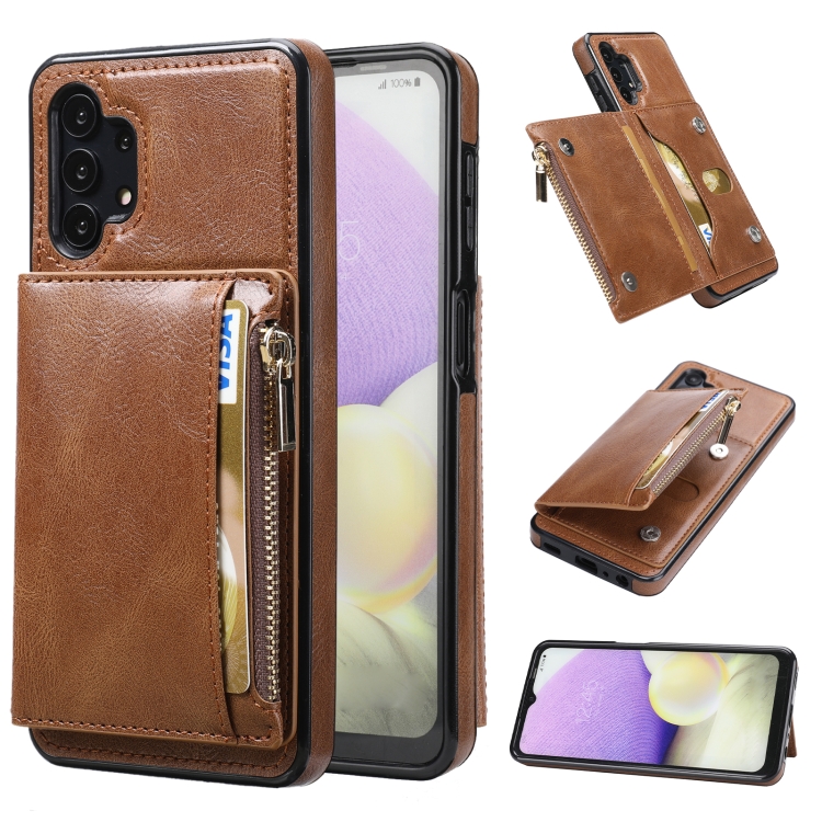 

For Samsung Galaxy A32 5G Zipper Wallet Bag PU Back Cover Shockrpoof Phone Case with Holder & Card Slots & Wallet(Brown)