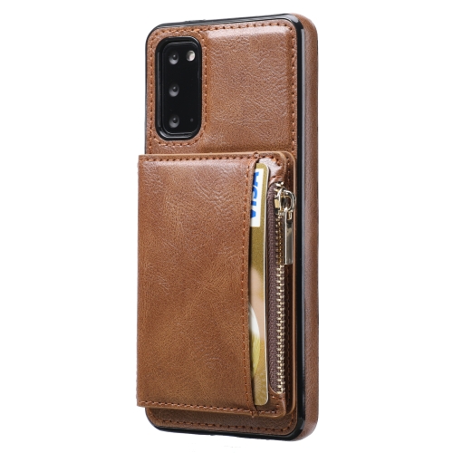 

For Samsung Galaxy S20 Zipper Wallet Bag PU Back Cover Shockrpoof Phone Case with Holder & Card Slots & Wallet(Brown)