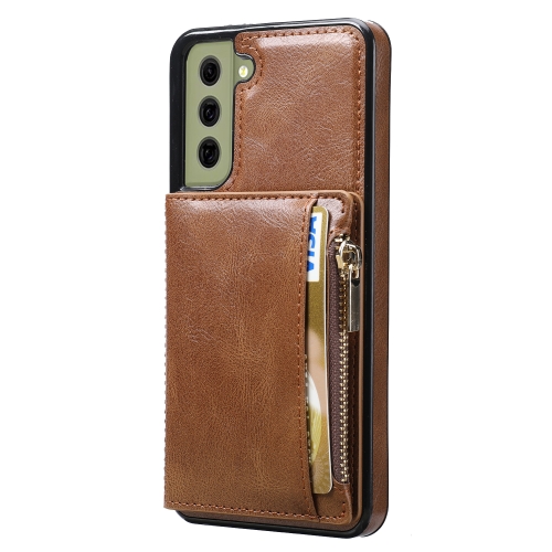 

For Samsung Galaxy S21 FE 5G Zipper Wallet Bag PU Back Cover Shockrpoof Phone Case with Holder & Card Slots & Wallet(Brown)