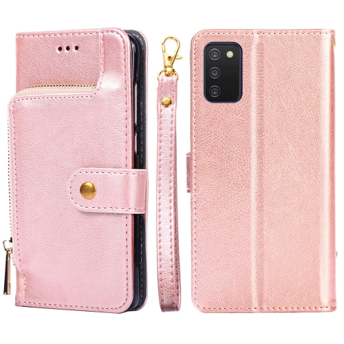 

For Samsung Galaxy A03s (166.5mm) Zipper Bag Horizontal Flip Leather Phone Case with Holder & Card Slots & Lanyard(Rose Gold)