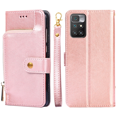 

For Xiaomi Redmi 10 Zipper Bag Horizontal Flip Leather Phone Case with Holder & Card Slots & Lanyard(Rose Gold)