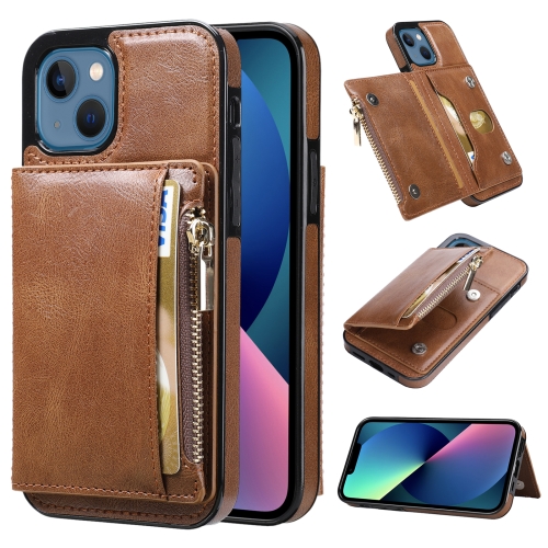 

Zipper Wallet Bag PU Back Cover Shockrpoof Phone Case with Holder & Card Slots & Wallet For iPhone 13(Brown)